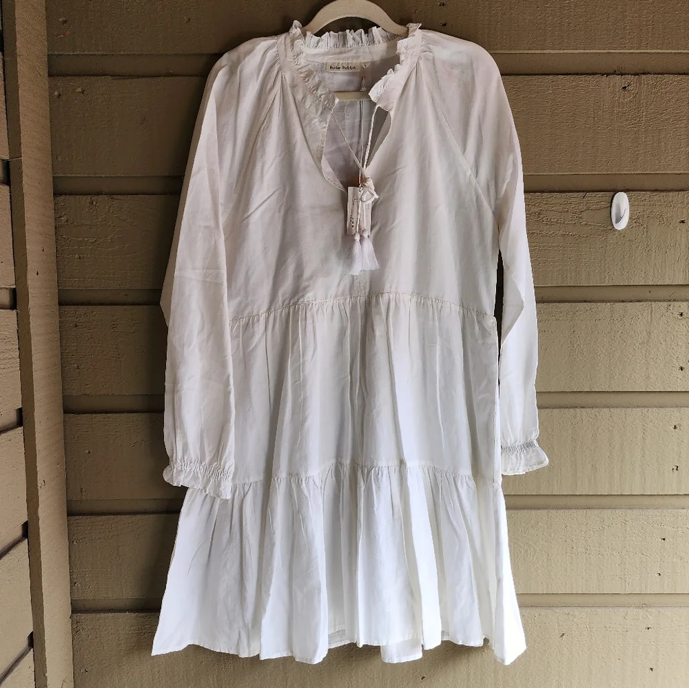 Roller RabbitJanni Tie V-Neck Long Sleeve Ruffle Cuff Waistless Tiered Dress - Picture 15 of 16